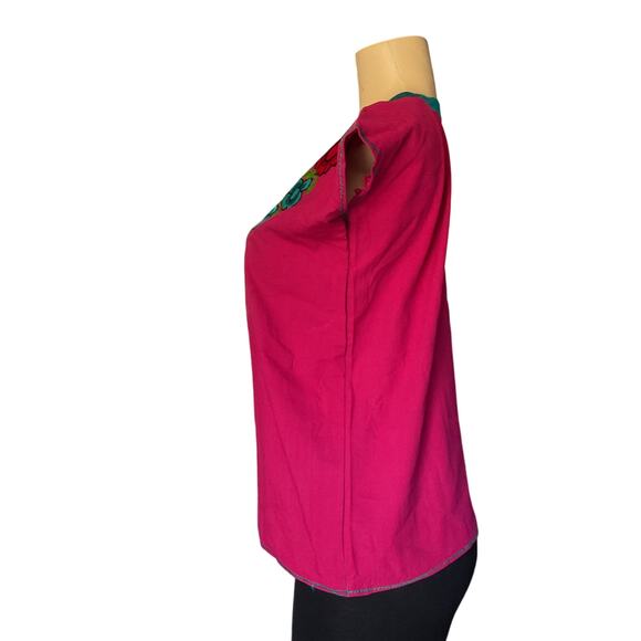 Blouse Pink Artisanal Floral Top Embroidered Mexican from Chiapas Folk Art - Picture 4 of 7